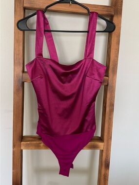 Lulu's Satin Cowl Neck Bodysuit in Fuchsia